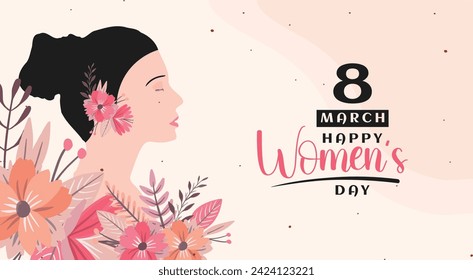 8 march. women's day greeting card design with young woman illustration and flower.