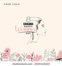 8 march. women's day greeting card design with young woman illustration and flower.