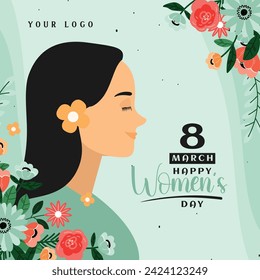 8 march. women's day greeting card design with young woman illustration and flower.