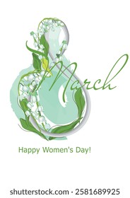 8 March Women's Day greeting card with depicate spring flowers. Hand drawn vector illustration.