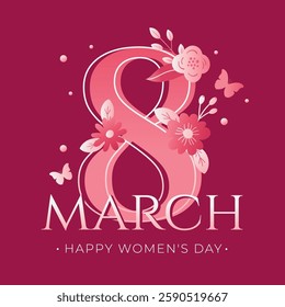 8 March Women's Day Greeting Card with Floral Design, Stylish and feminine 8 March illustration with decorative flowers and modern typography. Ideal for holiday promotions, banners, and invitations