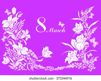 8 March. Women's day Greeting card. Celebration background with flowers, butterfly and place for your text. Vector Illustration 