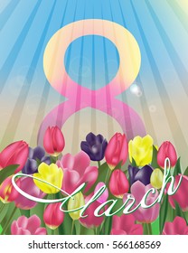 8 March Women's Day greeting card template. Background with tulips. Spring flowers. Vector Illustration.