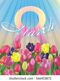 8 March Women's Day greeting card template. Background with tulips. Spring flowers. Vector Illustration.