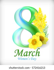 8 March Women's Day greeting card template. Amazing blue green figure eight. Vector. Narcissus and mimosa flowers.