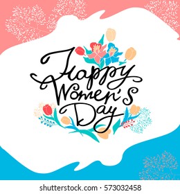 8 march women's day greeting card with flowers and lettering