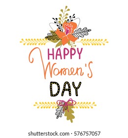 8 march women's day greeting card with flowers and lettering