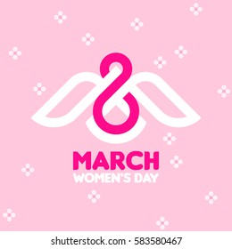 8 March women's day greeting card with white bird and number eight on pink floral background