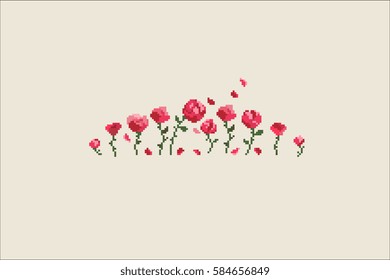 8 march women's day greeting card design, pixel art style, pink color roses flowers, isolated vector graphic illustration,
