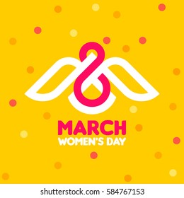 8 March women's day greeting card with white bird and number eight on yellow background with bright confetti