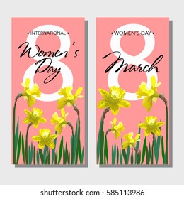 8 March Women's Day greeting cards set with narcissus flowers. Vector illustration