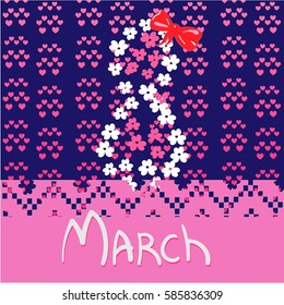 8 march women's day  greeting card with ornamental background, for kids