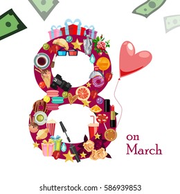 8 March Women's Day greeting card template. March 8 greeting cards as a doughnut