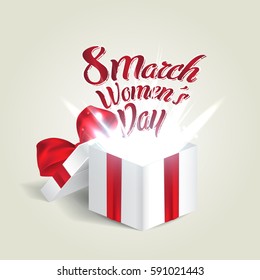 8 March Women's day greeting card. Opened realistic gift box with abstract light. Vector illustration.