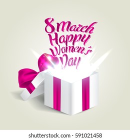 8 March Women's day greeting card. Opened realistic gift box with abstract light. Vector illustration.