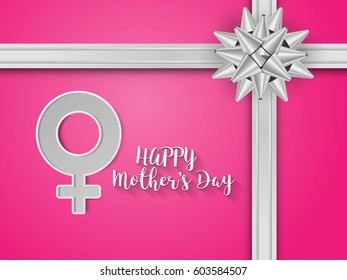 8 March of Women's day greeting card template with white ribbon on a pink background, vector illustration