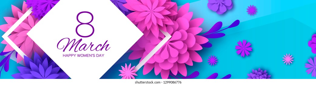 8 March. Womens Day Greetings card. Rink Violet Paper Cut Flower Banner. Origami Floral bouquet. Rhombus frame. Text. Spring Seasonal Holidays on blue. Happy Mothers Day.
