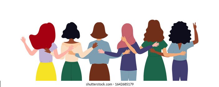 8 March Women's day. A group of women standing together and holding hands. Vector illustration. 