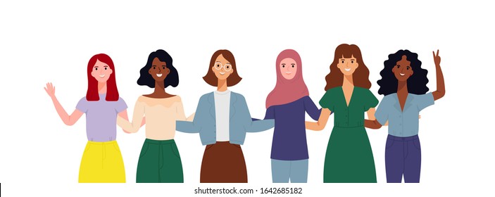 8 March Women's day. A group of women standing together and holding hands. Vector illustration. 