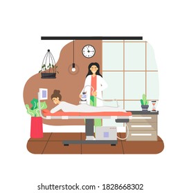 8 March, Womens Day. Happy woman enjoying her day off getting anti cellulite lpg massage, flat vector illustration. Cute girl pampering herself with body treatment procedure. Happy holiday.