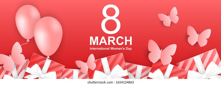 8 march women's day horizontal poster or banner with pink balloons, butterflies and gift boxes on pink background. Promotion and shopping template or background for Love and women's day concept. EPS10