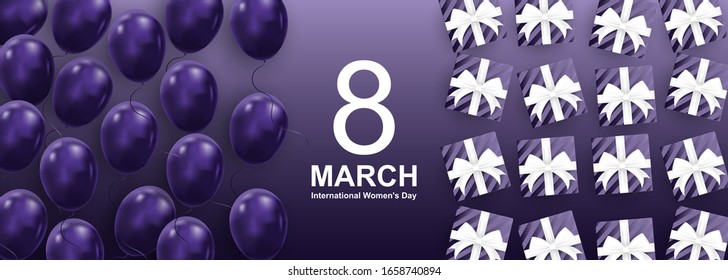 8 march women's day horizontal poster or banner with violet balloonsand gift boxes, on violet background. Promotion and shopping template or background for Love and women's day concept. EPS10