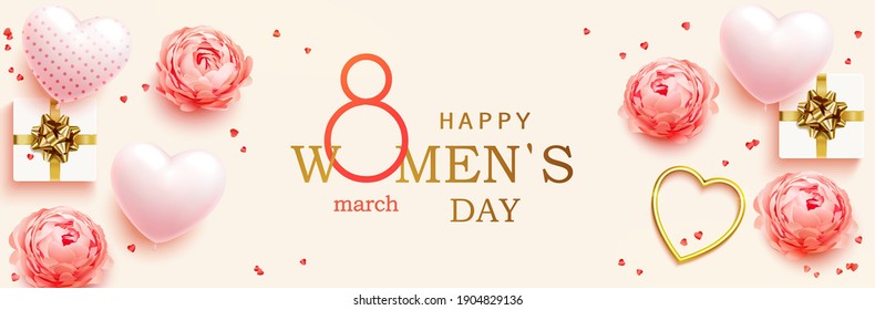 8 March. Women's Day horizontal banner for the website. Postcard on March 8. Romantic background with realistic design elements, gift box, golden hearts, balloons in the shape of heart and flowers