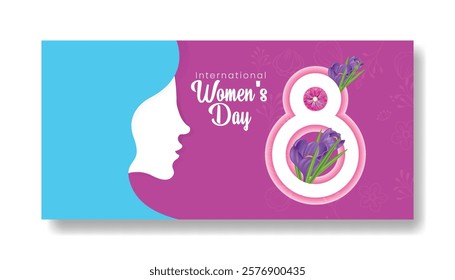 8 march women's day horizontal editable banner and women's day vector background cover header ads floral illustration, suitable for womens day social media cover flyer or poster design