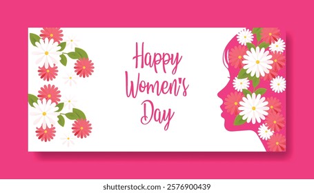 8 march women's day horizontal editable banner and women's day vector background cover header ads floral illustration, suitable for womens day social media cover flyer or poster design