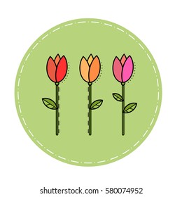 8 March Women's Day icon of tulips. Round stickers or website banners. Circle badges with bended corner.