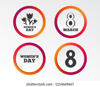 8 March Women's Day icons. Tulips or rose flowers bouquet sign symbols. Infographic design buttons. Circle templates. Vector