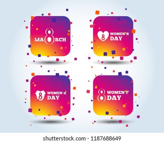 8 March Women's Day icons. Tulips or rose flowers bouquet and heart sign symbols. Colour gradient square buttons. Flat design concept. Vector