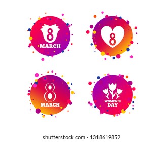 8 March Women's Day icons. Tulips or rose flowers bouquet and heart sign symbols. Gradient circle buttons with icons. Random dots design. Vector