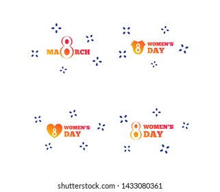 8 March Women's Day icons. Tulips or rose flowers bouquet and heart sign symbols. Random dynamic shapes. Gradient 8 march icon. Vector