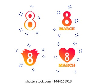 8 March Women's Day icons. Tulip or rose flower and heart sign symbols. Random dynamic shapes. Gradient 8 march icon. Vector