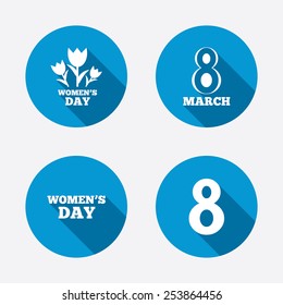 8 March Women's Day icons. Tulips or rose flowers bouquet sign symbols. Circle concept web buttons. Vector