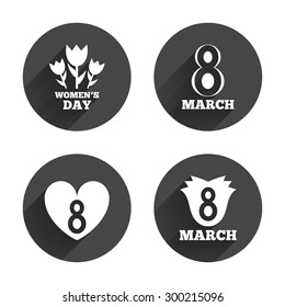 8 March Women's Day icons. Tulips or rose flowers bouquet and heart sign symbols. Circles buttons with long flat shadow. Vector