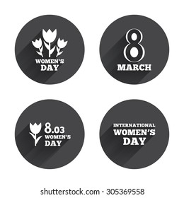 8 March Women's Day icons. Tulips or rose flowers bouquet sign symbols. Circles buttons with long flat shadow. Vector