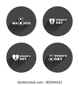 8 March Women's Day icons. Tulips or rose flowers bouquet and heart sign symbols. Circles buttons with long flat shadow. Vector