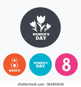 8 March Women's Day icons. Tulips or rose flowers bouquet sign symbols. Circle flat buttons with icon.