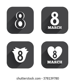 8 March Women's Day icons. Tulip or rose flower and heart sign symbols. Square flat buttons with long shadow.