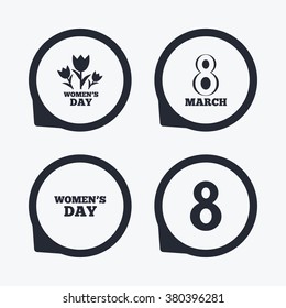 8 March Women's Day icons. Tulips or rose flowers bouquet sign symbols. Flat icon pointers.