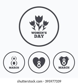 8 March Women's Day icons. Tulips or rose flowers bouquet and heart sign symbols. Icons in circles.
