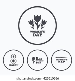 8 March Women's Day icons. Tulips or rose flowers bouquet sign symbols. Icons in circles.