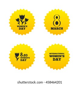 8 March Women's Day icons. Tulips or rose flowers bouquet sign symbols. Yellow stars labels with flat icons. Vector