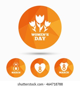 8 March Women's Day icons. Tulips or rose flowers bouquet and heart sign symbols. Triangular low poly buttons with shadow. Vector