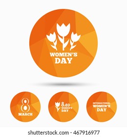 8 March Women's Day icons. Tulips or rose flowers bouquet sign symbols. Triangular low poly buttons with shadow. Vector