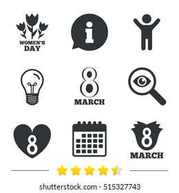 8 March Women's Day icons. Tulips or rose flowers bouquet and heart sign symbols. Information, light bulb and calendar icons. Investigate magnifier. Vector