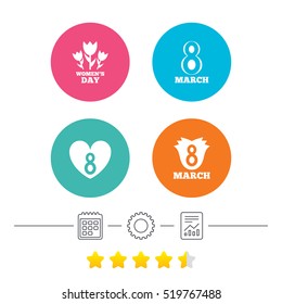 8 March Women's Day icons. Tulips or rose flowers bouquet and heart sign symbols. Calendar, cogwheel and report linear icons. Star vote ranking. Vector