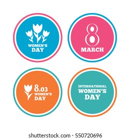 8 March Women's Day icons. Tulips or rose flowers bouquet sign symbols. Colored circle buttons. Vector